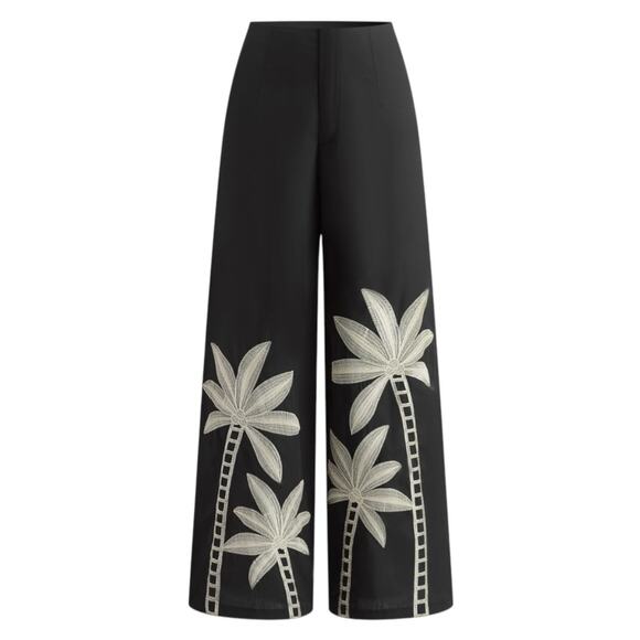 Commense Black Palm Tree Embroidered Wide-Leg Pants Size Small NWT - Picture 1 of 5